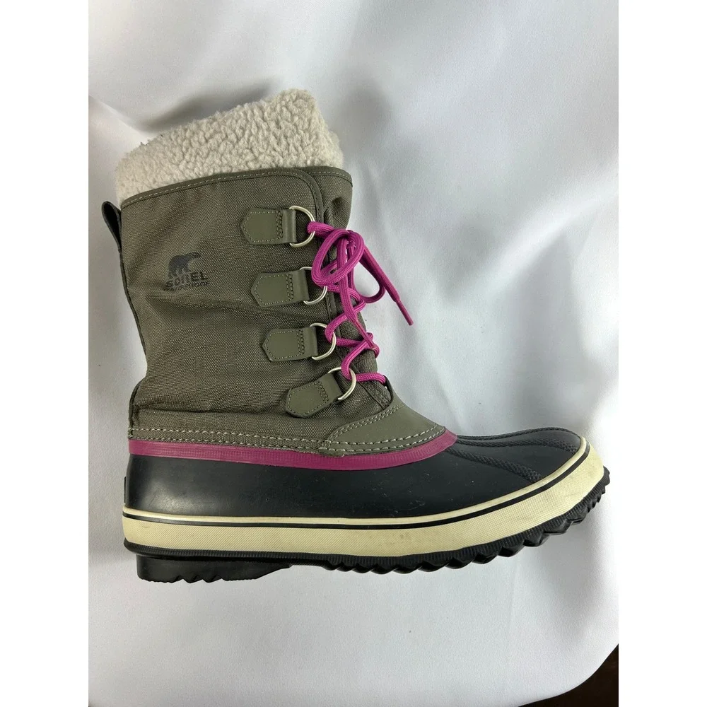 Sorel 1964 Pac 2 Waterproof Winter Boots Olive Green Pink Sherpa Trim Size 11 - Picture 2 of 11